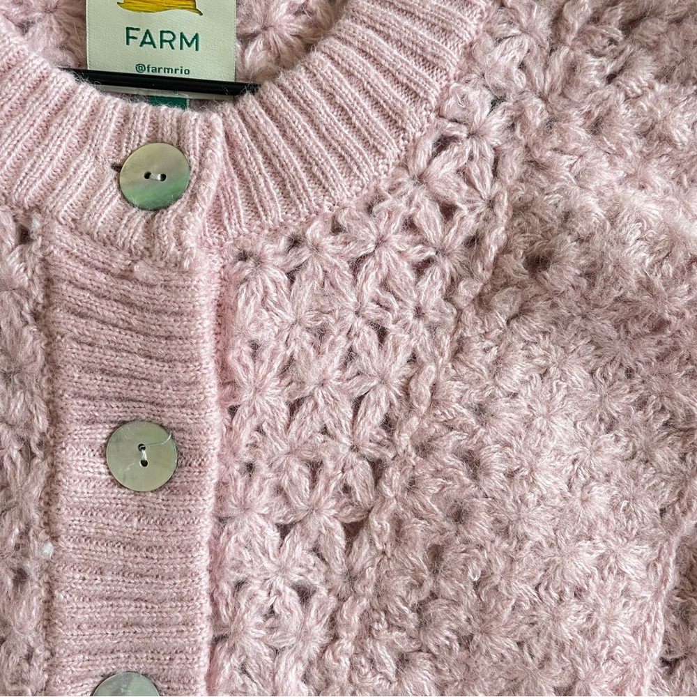 Farm Rio Pink Flower Texture Crochet Knit Ruffle Cardigan Sweater NWT Small - Picture 12 of 16